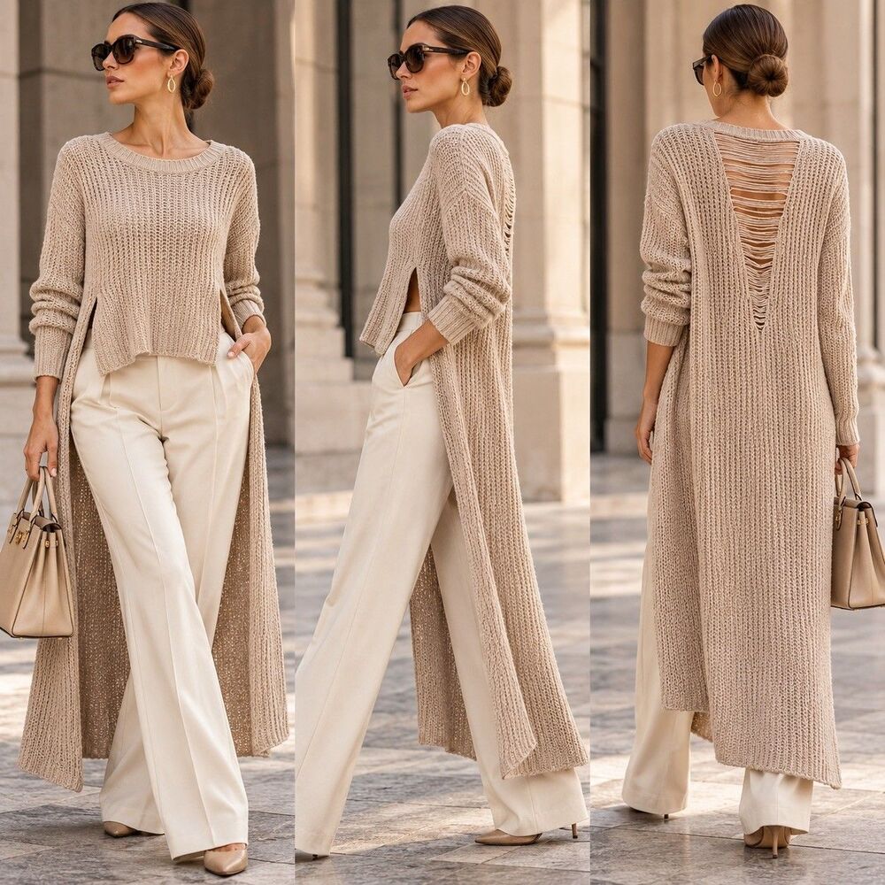 High-Low Tunic Sweater Oatmeal Cream Distressed Back M 50”